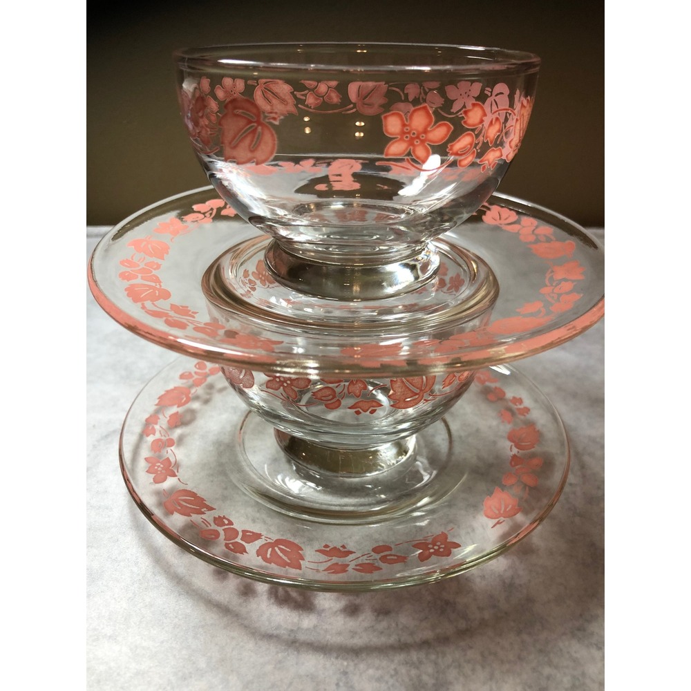 2 ~Vintage Pink Gooseberry Sherbet Bowl & Saucer Sets Coquette Vintage Pyrex